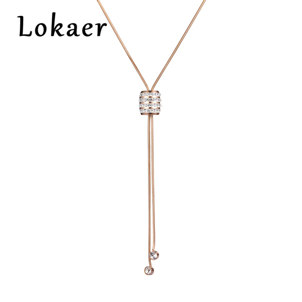 

Lokaer Stainless Steel Rose Gold Color 3D Hollow Cylinder Rhinestone Chain Necklace Sweater Chain Pendent Gift For Women N18243