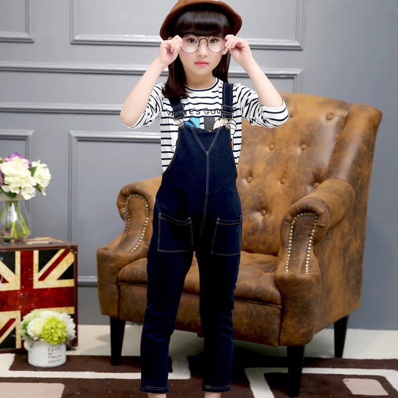 

2017 Spring Fall Teenage Girls Casual Denim Overalls Pants Children's Leisure Jeans Trousers Kids Dark Navy Suspenders Overall