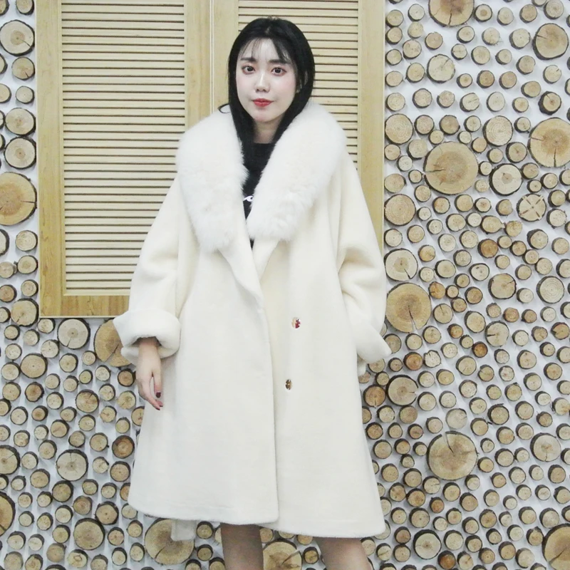 

2019 Autumn Winter New Fashion Woman overcoat Real Sheep Fur overcoat sashes real fox fur collar Thick Warm Outerwear