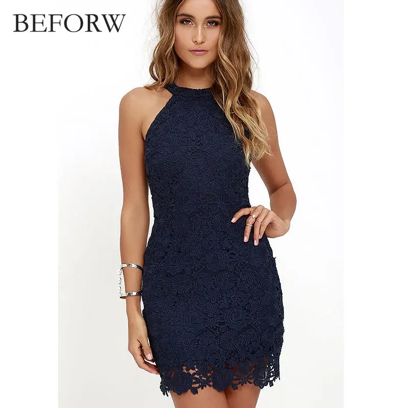 Goede BEFORW Fashion Vintage Vrouwen Zomer Jurk Wit Blauw Sexy Kant Party Jurken Opknoping Hals Mouwloze Kant Kleding Voor Vrouwen