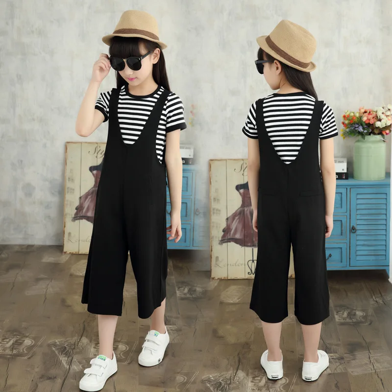 

Kids Girls Clothing Sets Casual Spring Girls Clothes Striped Short Sleeve T Shirts+Overalls Sets Black Infant Vestidos Autumn Ch