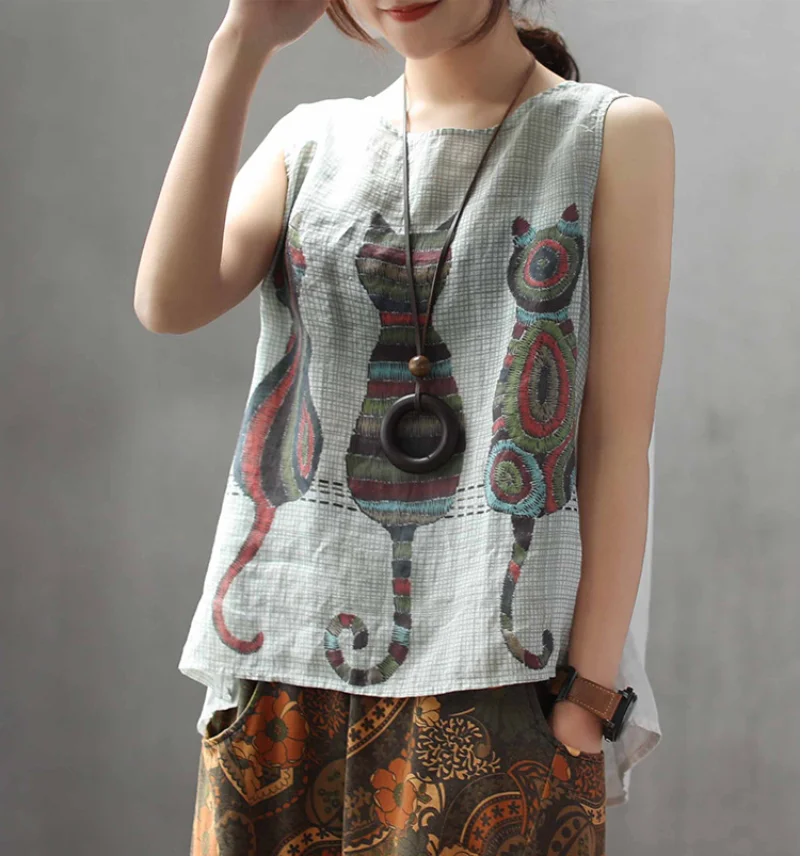 

Summer T-shirt Women Retro Slim-type vest Pullovers New Tops O-Neck Sleeveless Print Pattern Casual Ladies Cute T-shirt