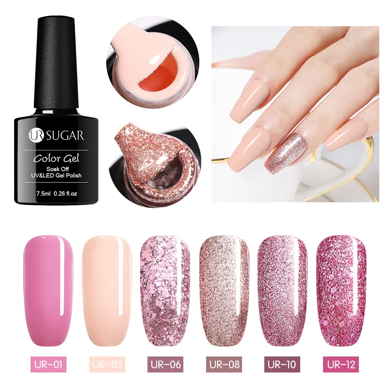  UR SUGAR 7.5ml Gel Nail Polish Rose Gold Holographic Glitter Pure Pink Color Gel Nail Varnish Manic