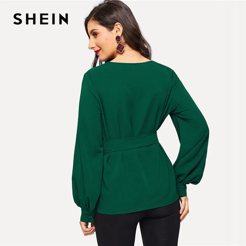 SHEIN Блузка С Поясом Оригинальным Рукавом И Узором Женская Весенняя Классическая V