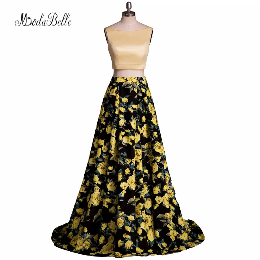 Real Picture Flower Print Fitted Prom Dress Yellow Black Two Piece