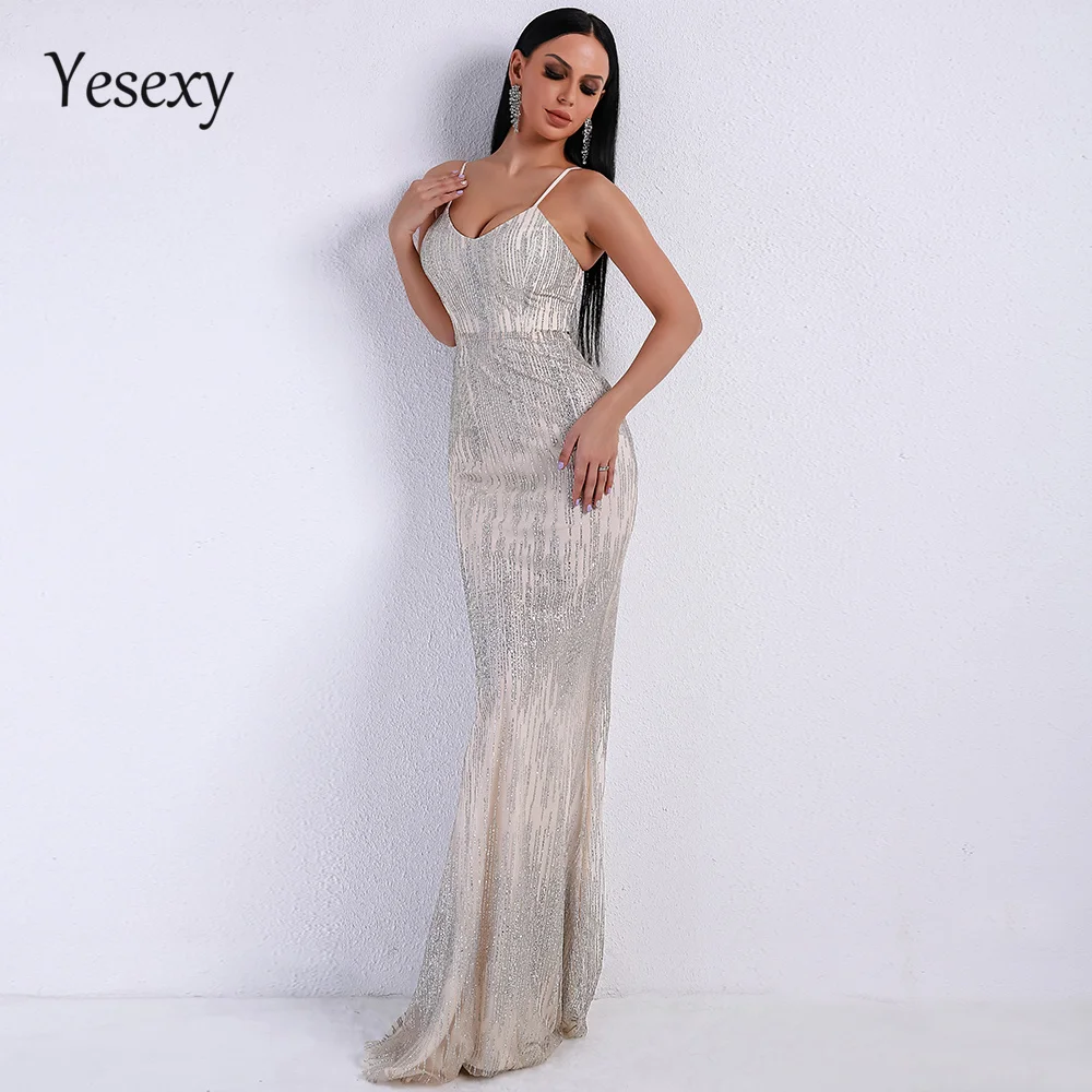 Yesexy, женские сексуальные платья с v-образным вырезом, открытыми плечами, открытой спиной, блестящие платья, женские элегантные вечерние платья макси Vestdios VR9226