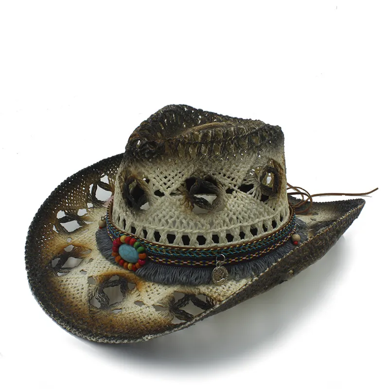 Women Summer Straw Western Cowboy Hats With Roll Up Brim Tassel Cowgirl