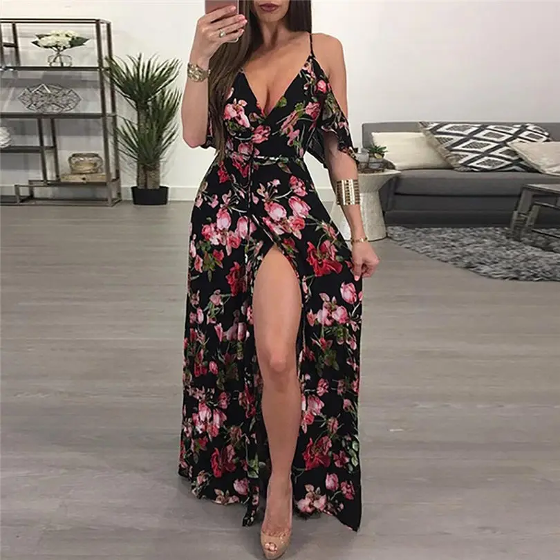 New Womens Fashion Summer Sexy Casual Elegant  V Neck Dress Elegant Lady Bohemia Floral Printed Dress #4A23 (1)