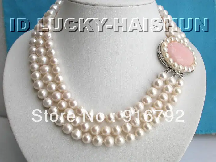 

free P&P *****8-9mm 3row round white freshwater pearls necklace jade c