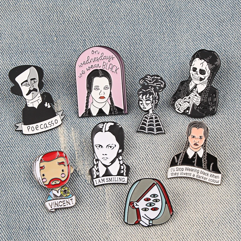 

Cartoon Character Enamel pin Adams Family Girl Brooches multi-eye girl Pins Famous Poet writer Rock Lapel Badge punk Jewelry Gif