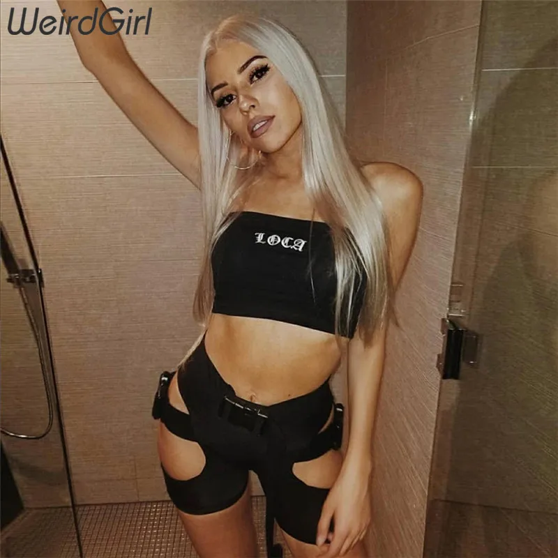 Skup Weirdgirl zestawy dla kobiet dwa kawałki bez rękawów drążą jednolita, krótka Fitness przycięte Sling Tank topy i szorty klamra dla kobiet