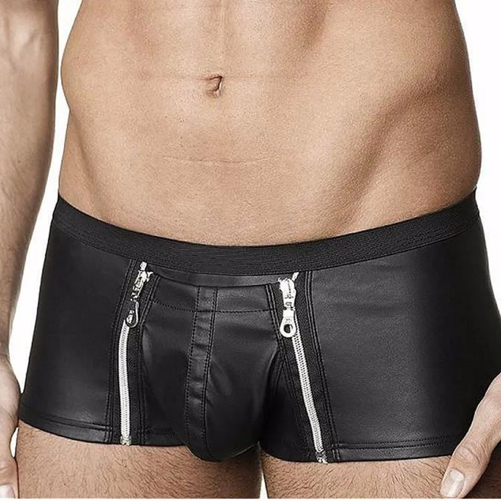 XXL New Sexy Boxershorts Men Black Leather German Fetish Zipper Open Crotch Lingerie Underwear Exotic Male Club Boxer Hombre