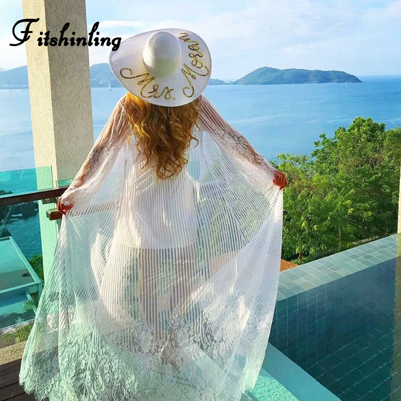 

Fitshinling Striped lace beach cover-up 2019 swimwear women long blouse shirt sheer sexy hot kimono flare sleeve white cardigans