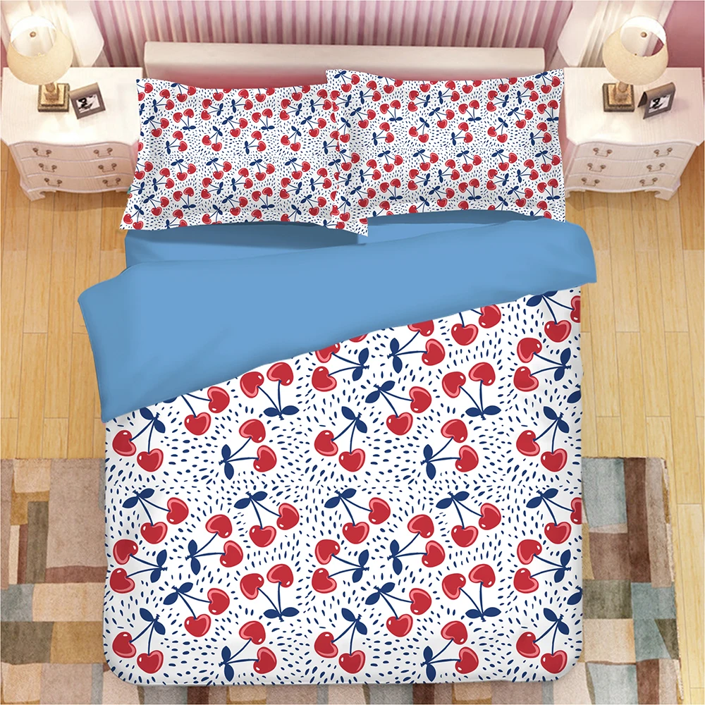 buy 3D princess cherry bedding sets fruit duvet cover sets white blue quilt cover pillowcase single double king queen bedclothes