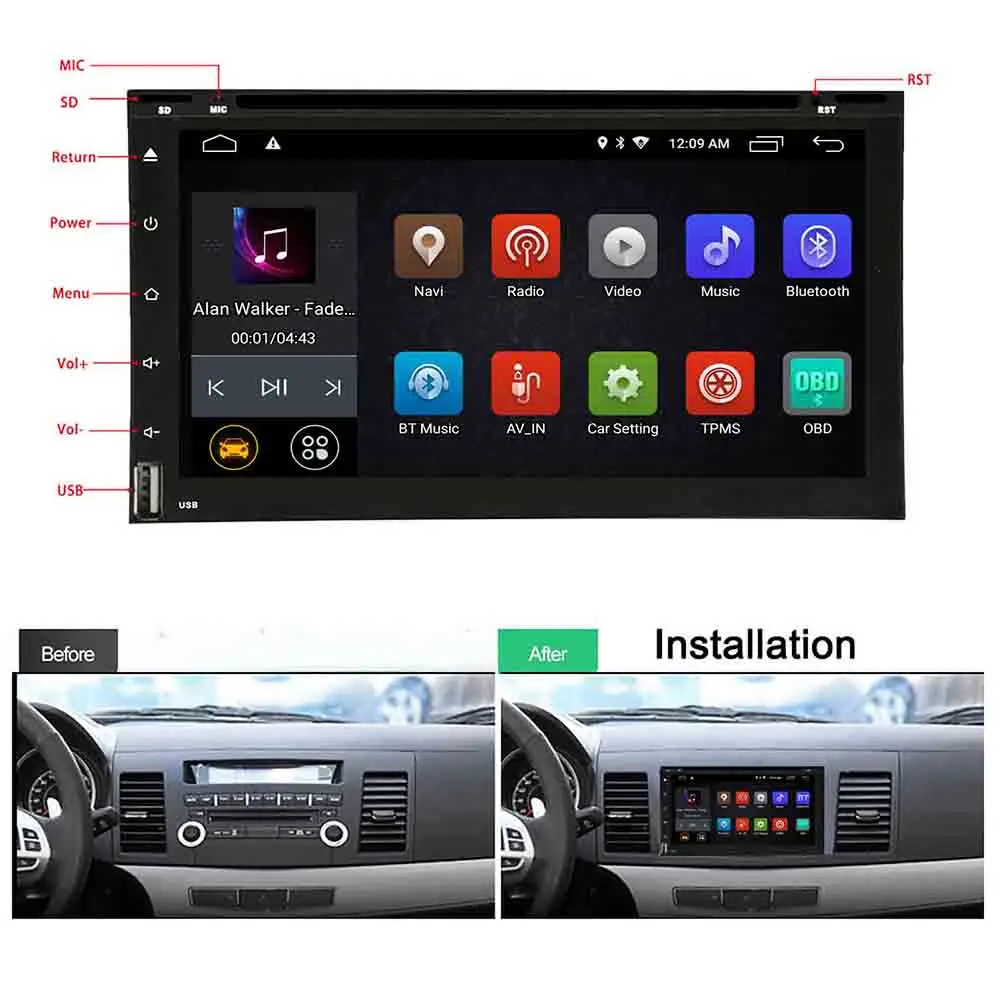 Универсальный 2Din Android 6,0 Автомобильный DVD Радио gps+ wifi+ BT+ RDS+ 1080P+ 1G+ 16G+ Mirror Link+ SWC+ сенсорный экран для Nissan Toyota Volkswagen