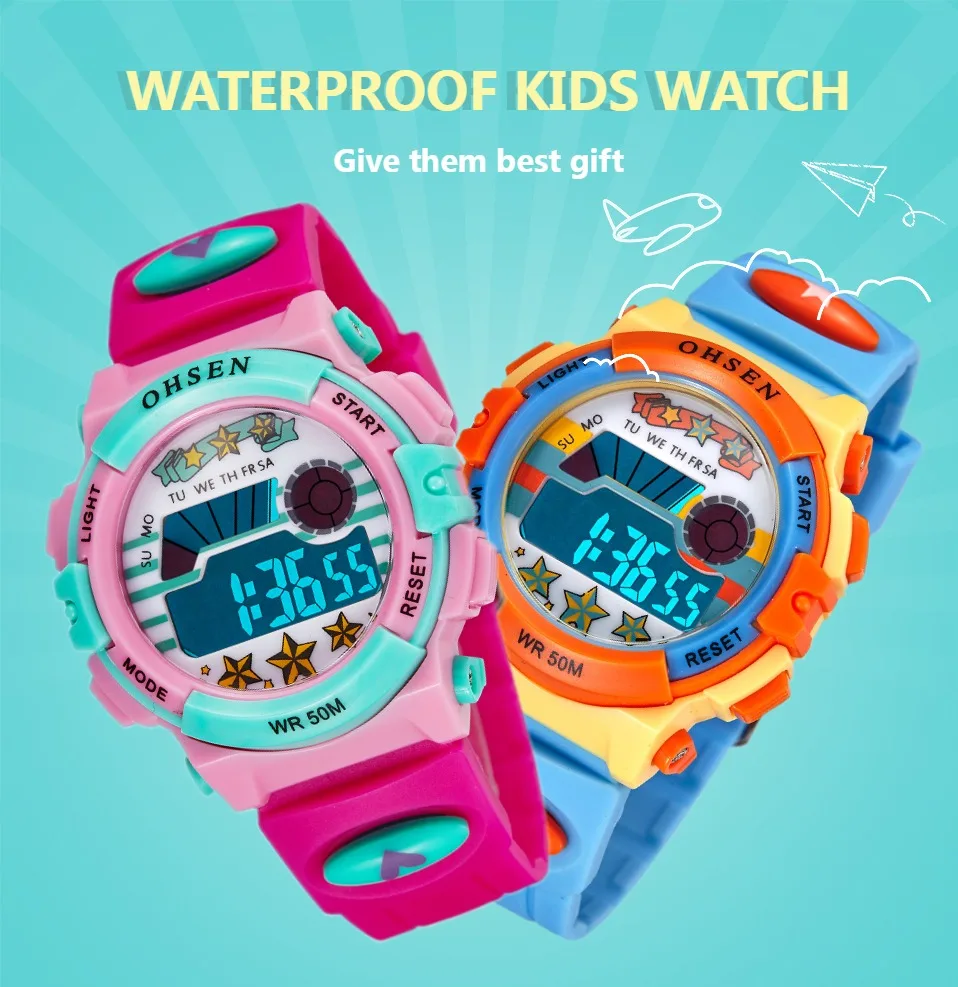 Лидер продаж Ohsen цифровой бренд кварцевые наручные часы дети девочки 50 м водонепроницаемый розовый резиновый ремешок ЖК-подсветка