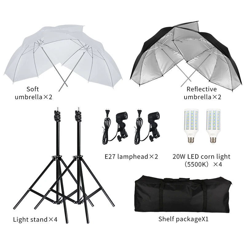 20W Светодиодный фотосъемка двойной фото зонтичное освещение Видео непрерывный светильник комплект-черный/серебристый и белый зонт-отражатель