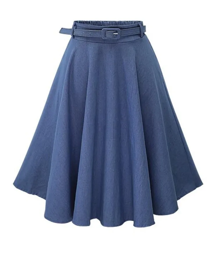 Осенне-зимняя модная женская юбка, Ретро стиль, высокая талия, плиссированная юбка миди, джинсовая юбка с расклешенным поясом, Saia Femininas SK098