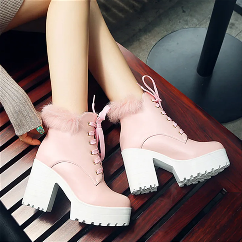 YMECHIC/ботинки на высоком квадратном каблуке женские ботильоны в стиле панк, готика, розовый, белый, черный цвет женские ботинки на шнуровке; большие размеры