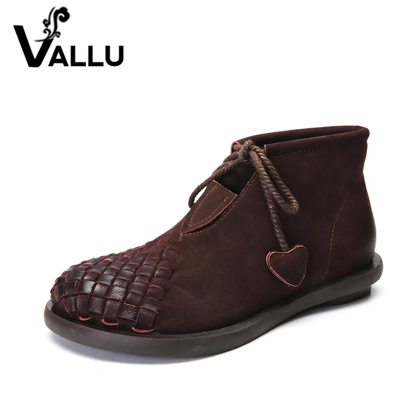 

2018 VALLU Shoes Women Boots Genuine Leather Lace up Handmade Weaving Round Toes Low Heel Ankle Boots
