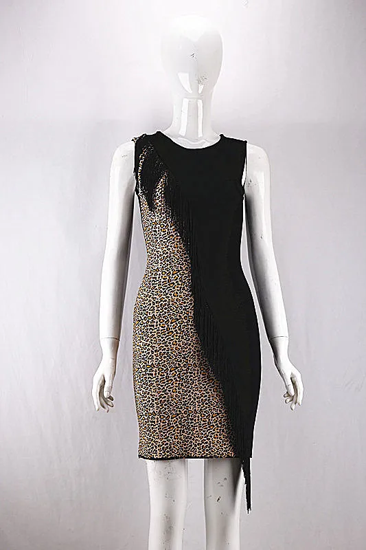 

High quality 2019 new round neck sleeveless leopard dress high elastic HL bandage dress black tassel dating dress wholesale