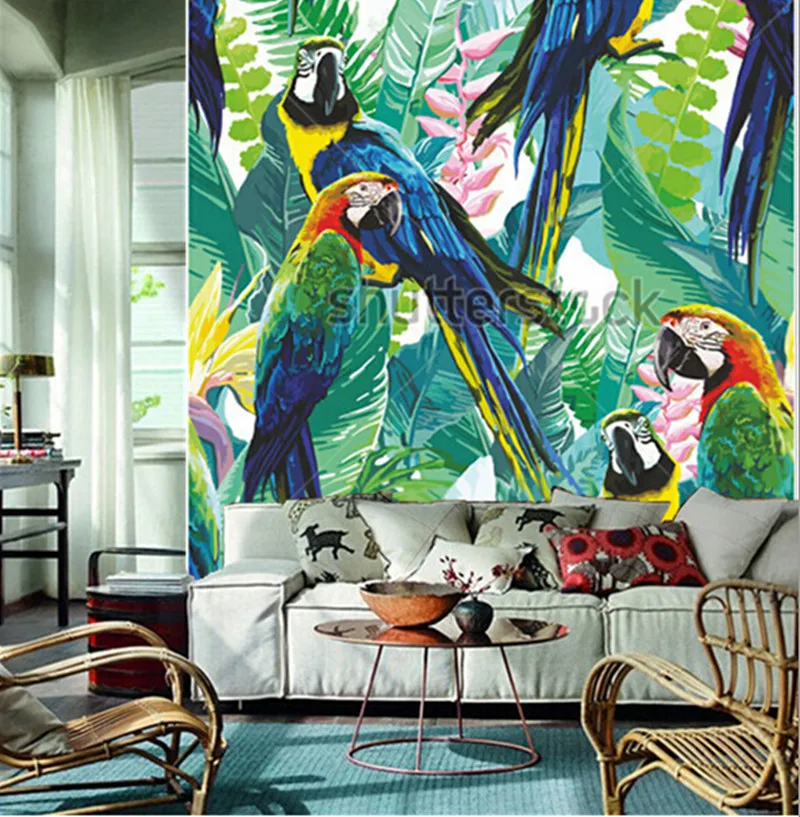 Latest custom 3D large mural,colorful parrots and exotic flowers,living room tv background bedroom wall wallpaper Latest custom 3D large mural,colorful parrots and exotic flowers,living room tv background bedroom wall wallpaper