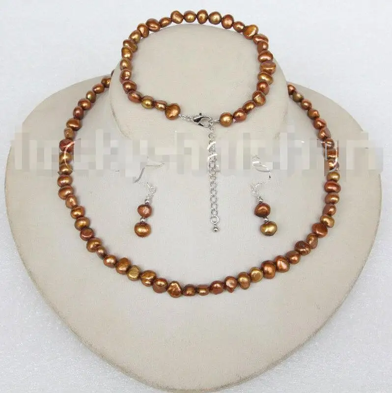 

Free shipping hot sale Women Bridal Wedding Jewelry >>adjustable 17-19" Baroque coffee pearls necklace bracelet Earrings set