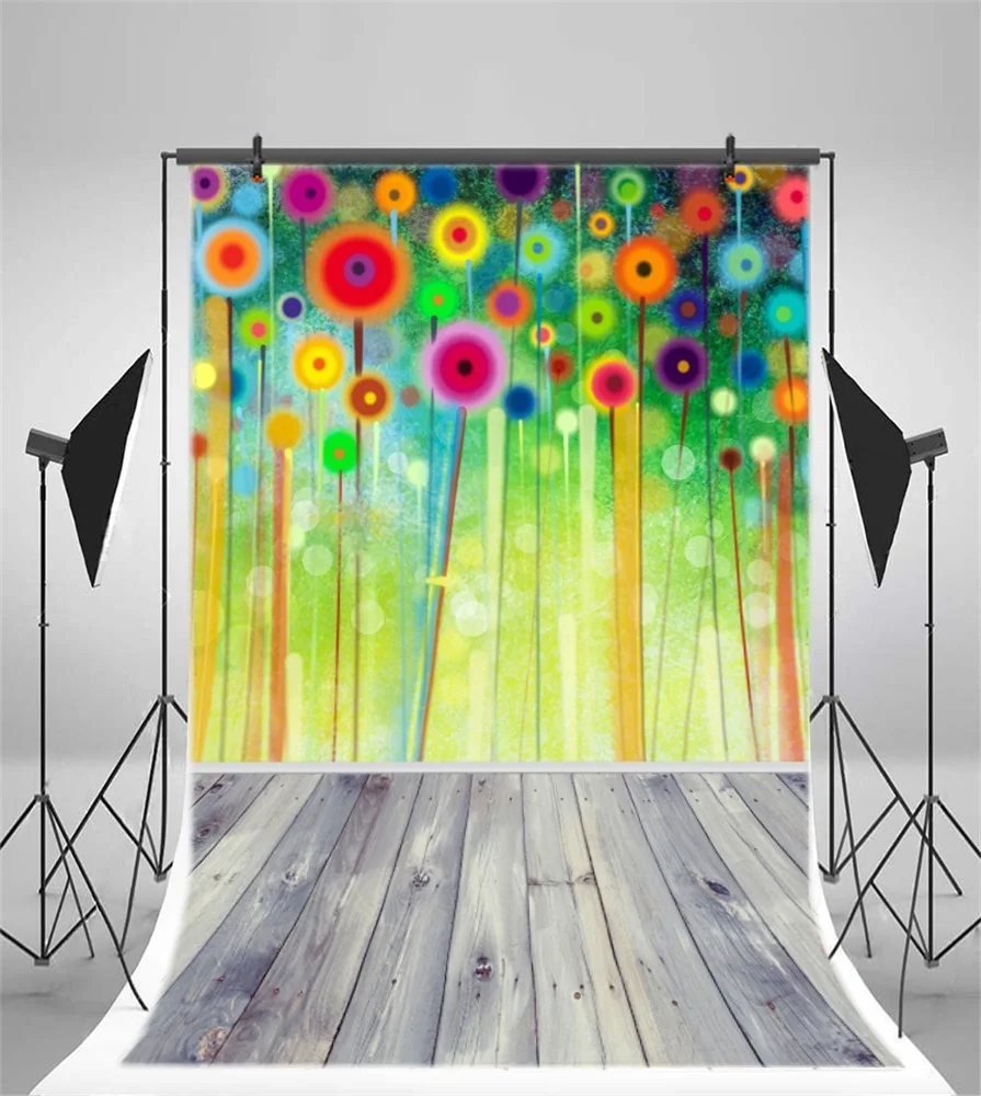 Laeacco Colorful Flowers Painting Wall Wooden Floor Photography Backgrounds Customized Photographic Backdrops For Photo Studio