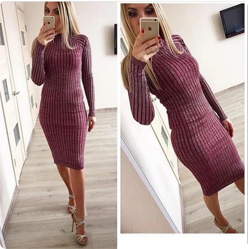 Women Sweater Dress 2017 Fall Winter Long Sleeve O Neck Sexy Bodycon Dress Elastic Striped Skinny Knitted Dresses Robe Vestidos07