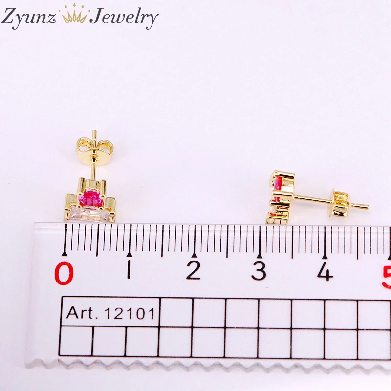 6Pairs, Cz Micro Pave Zirconia Women Girls Earring Studs Gold Color Fashion Crystal Multicolor Party Jewelry