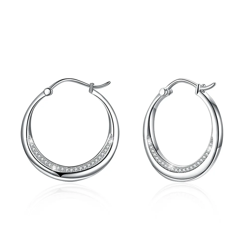 

Exquisite Women Sterling Silver 925 Hoop Earrings Simple White Crystal Earrings for Lady Silver Round CZ Earrings Love Gift