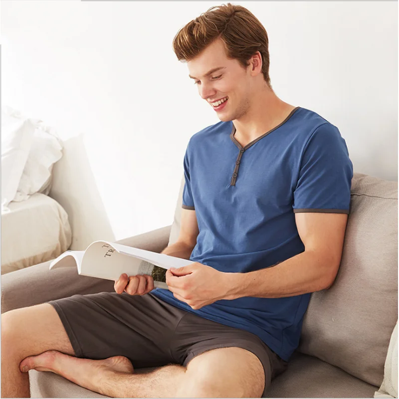 2019 Summer Plus size Two-Pieces Men Casual Pajama sets Modal Sleepwear suit Mens Y shape V-neck collar t shirt & Half Pants 2019 Summer Plus size Two-Pieces Men Casual Pajama sets Modal Sleepwear suit Mens Y shape V-neck collar t shirt & Half Pants