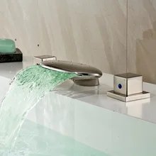 Новый Матовый Никель 3 шт. Водопад СВЕТОДИОДНЫЙ 3 Цвета Ванной Бассейна Раковина Кран Двойной Ручки Широкое Ванной Бассейна Раковина Кран