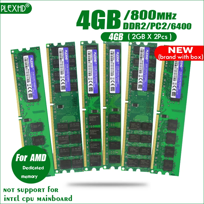 PLEXHD 4 Гб(2 ГБ X 2 шт) DDR2 PC2-6400 800 МГц для настольных ПК DIMM 2G PC2 6400 800 оперативная память(для AMD) полностью совместима