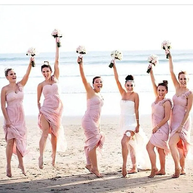 One Shoulder Blush Pink Bridesmaid Dresses With Flowers Chiffon