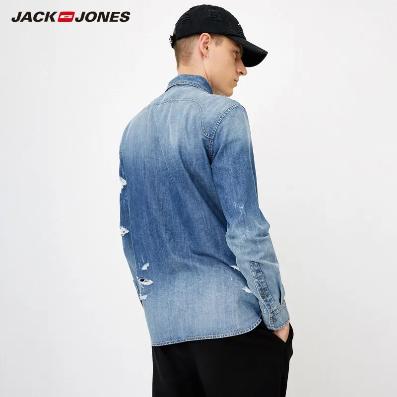 JackJones Мужская джинсовая рубашка из хлопка с заостренным воротником и длинными рукавами | 218305509