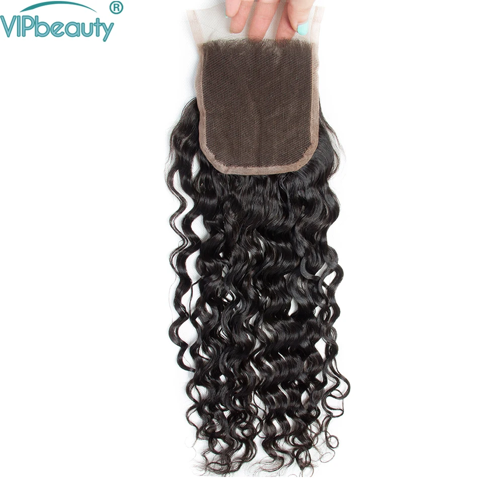 

VIP beauty Indian water wave remy hair 100% human hair 4x4 free part swiss lace closure 130% density medium brown lace free ship