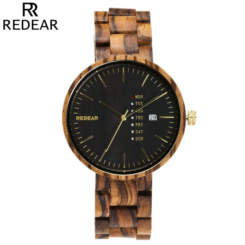 

REDEAR Auto Date Men Quartz Watches Casual Analog Sandalwood Zebra Wood Watch Natural Wooded Wristwatch Clock with Original box