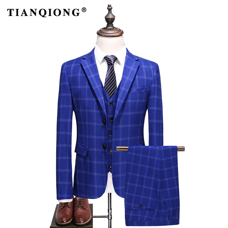 TIAN QIONG мужской Королевский синий клетчатый костюм приталенные свадебные костюмы для мужчин Высокое качество деловые официальные костюмы 3 шт S-XXXXXL - Цвет: Небесно-голубой
