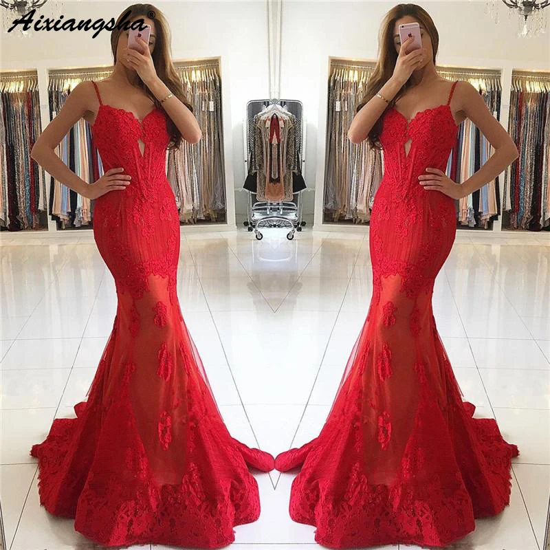 

Sweetheart Appliques Lace Prom Dresses 2019 robe de soiree Spaghetti Straps Mermaid Red Long Evening Dress