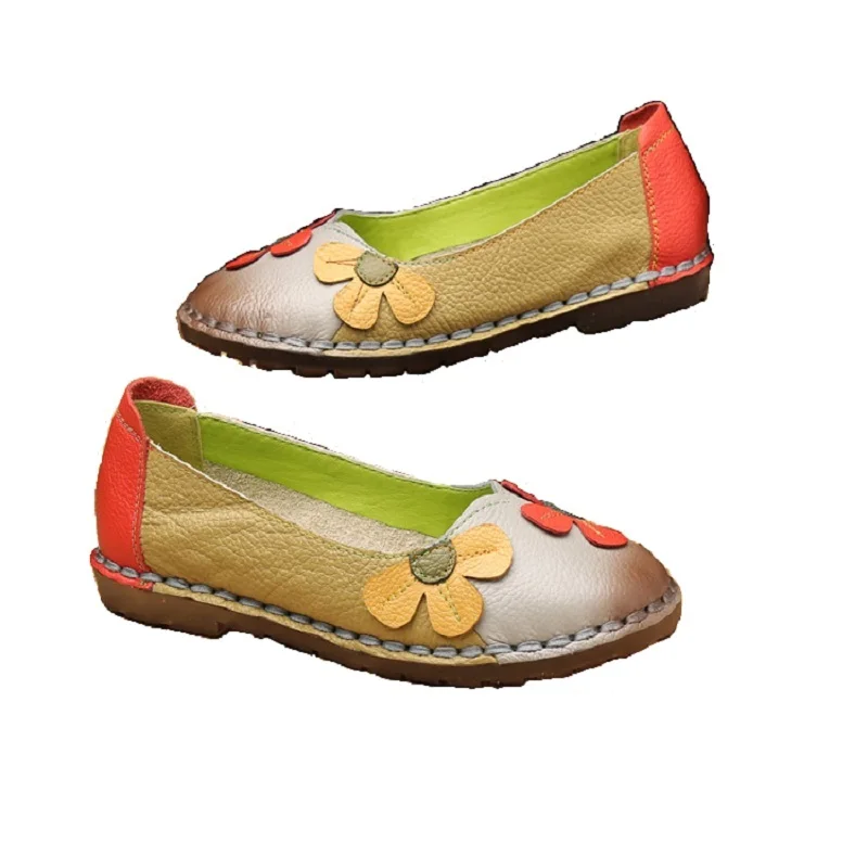 Xiuteng/летние модные дизайнерские разноцветные туфли на плоской подошве с цветочным принтом и мягкой подошвой с круглым носком; винтажные женские туфли из натуральной кожи на плоской подошве; Лоферы для девочек