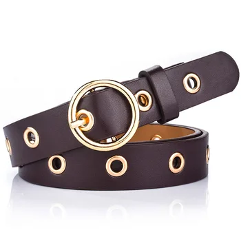

Winfox Vintage Black White Punk Metal Eyelets PU Leather Belt For Women Gold Circle Round Pin Buckle Waist Waistband Belts