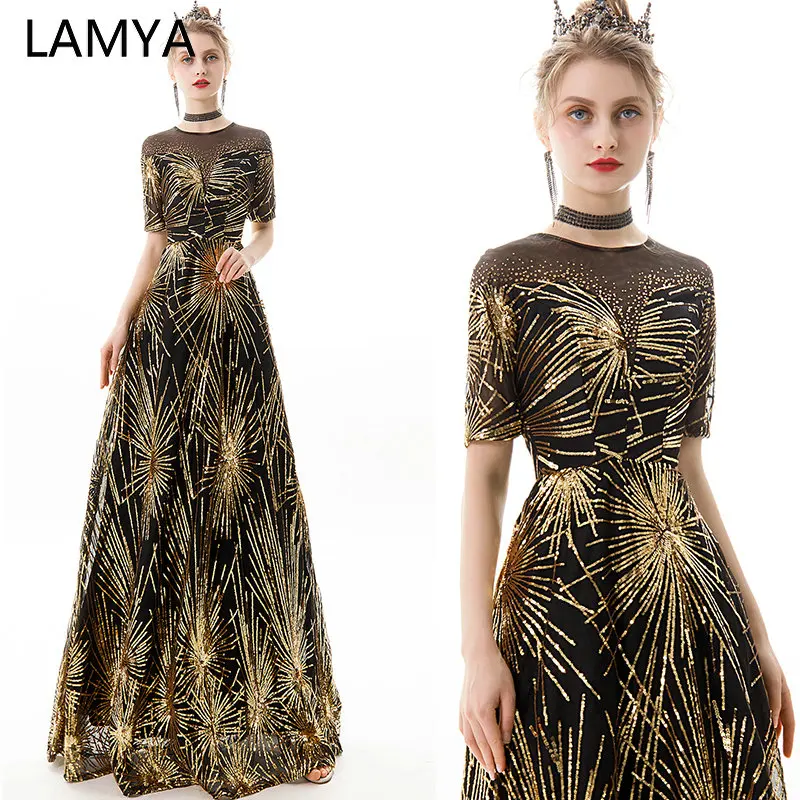 

LAMYA Long A Line Gold Sequined Evening Dresses With Half Sleeve O Neck Crysta Prom Party Gown Ladies Elegant Vestido De Festa