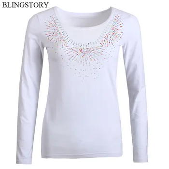 

BLINGSTORY High Quality Harajuku Autumn Plus Size Women Long Sleeve Diamond O-neck Cotton White T Shirt