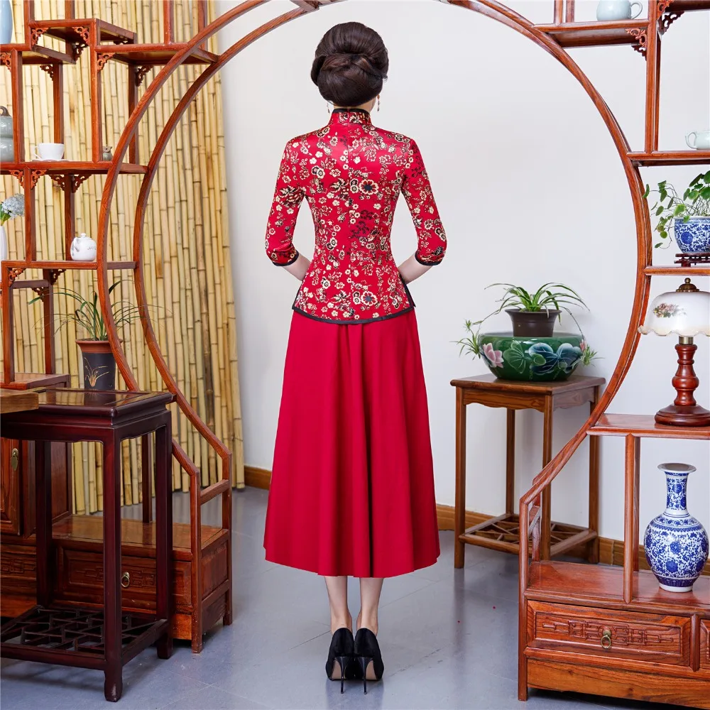 Шанхай история Китайский традиционный комплект одежды цветочный китайский Cheongsam топ+ юбка