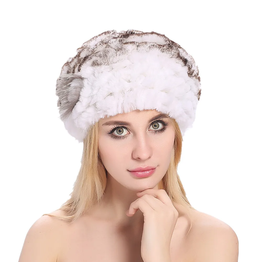 

ZY84009 Winter Elegent Women's Genuine Rex Rabbit With Silver Fox Fur Ball Ball Fur Beanies Hats Caps