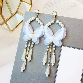 

Dominated 2019 new hyperbole pearl fashion temperament butterfly long Women Tassel crystal Drop earrings Jewelry