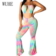 WUHE Women Sexy Off Shoulder Halter Jumpsuit Vintage Tie-dyed Trumpet Hollow Out Open Back Playsuit Summer Casual Beachwear WUHE Women Sexy Off Shoulder Halter Jumpsuit Vintage Tie-dyed Trumpet Hollow Out Open Back Playsuit Summer Casual Beachwear