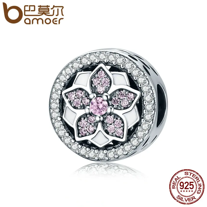 

BAMOER Genuine 925 Sterling Silver Blooming Flower ,Pink Clear CZ Beads fit Original Bracelets & Bangles DIY Fine Jewelry SCC138