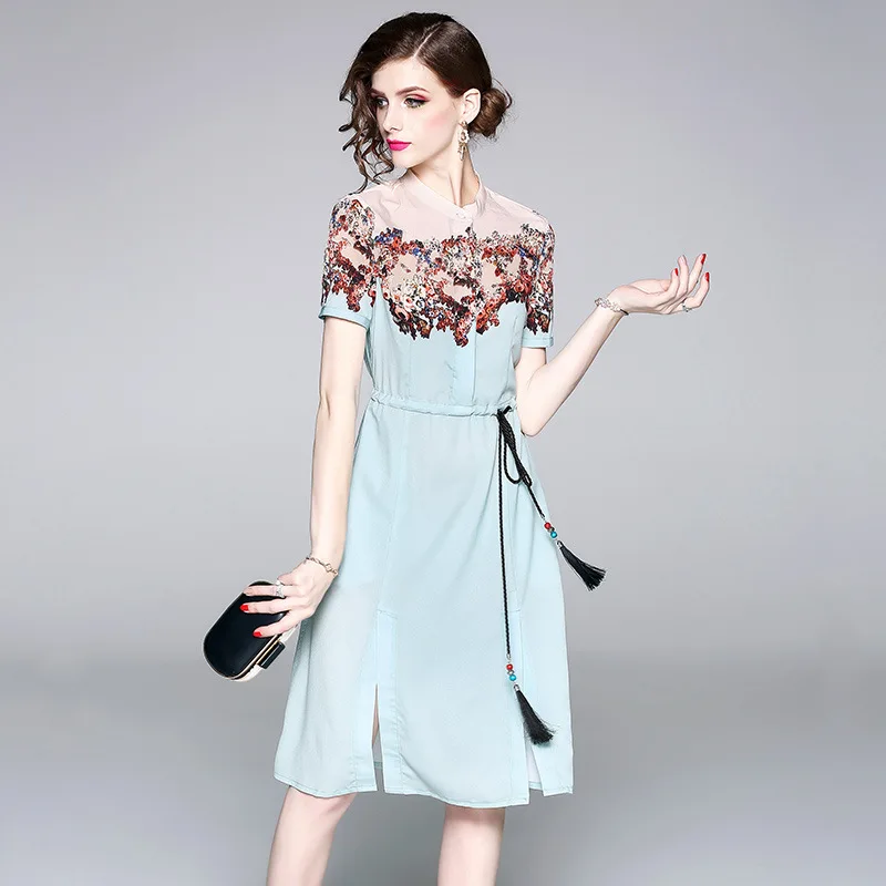 2018 New Autumn European Fashion Print dress Vintage Floral Print Patchwork Short Sleeve Casual Dress With Beaded Belt